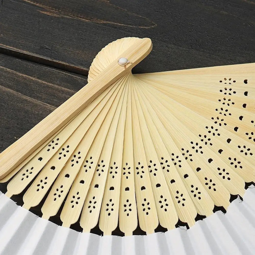 Hand Held Paper Fans White Silk Bamboo Folding Fans Handheld Folded Fan for Wedding Party DIY Decoration