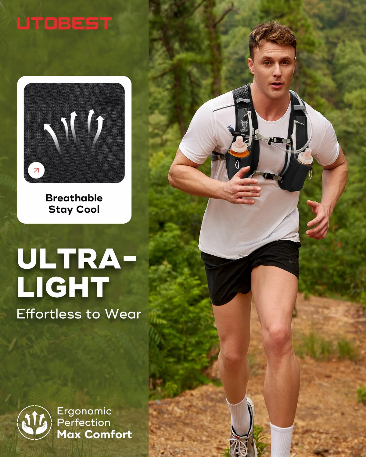 UTOBEST Running Hydration Vest 5L Lightweight Hydration Backpack with 2pcs 350ml Water Bottles for Bicycle Marathon Hiking