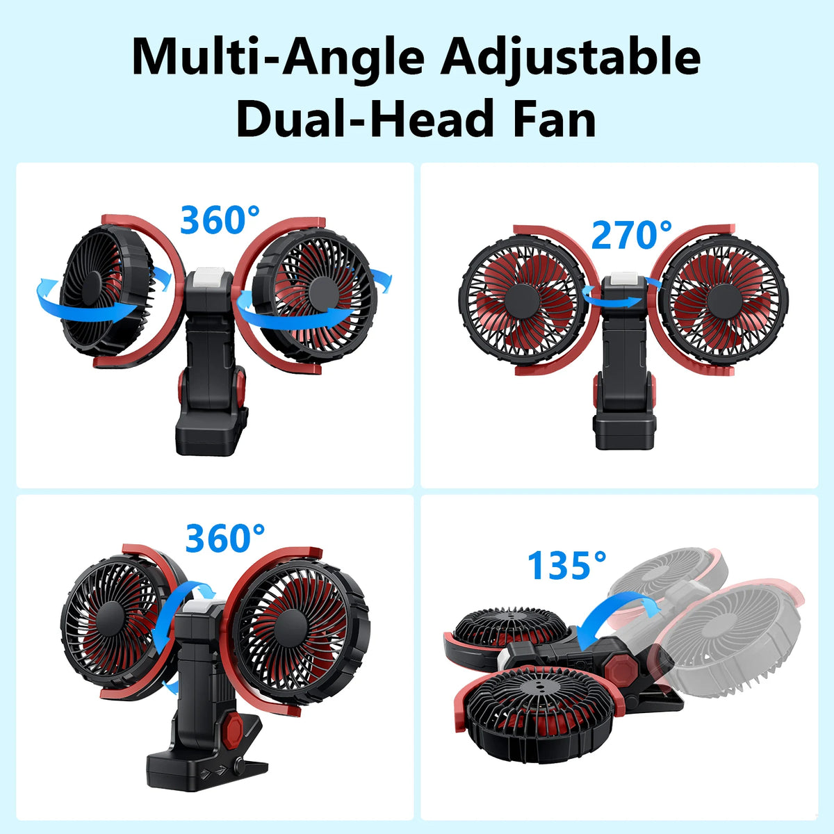 Eary Summer Clip Dual Head Fan 4000mAh 3 Wind Speeds 2 Light Modes USB Rechargeable With 360° Rotatable Desktop Air Cooling Fan