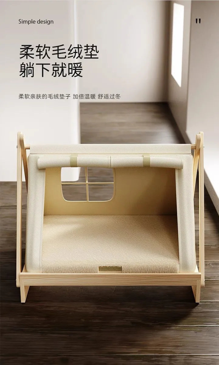 Wooden Oxford Cloth Dog Bed  Elevated Moisture-Proof Tent Enclosed Safety House  All-Season  Dog Shelter with Frame Support