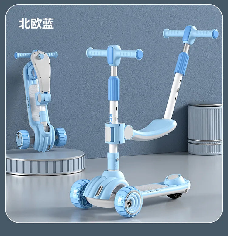 Children's Scooter Can Sit, Ride and Slide Three-in-One Foldable Scooter for Boys and Girls Kick Foot Scooter