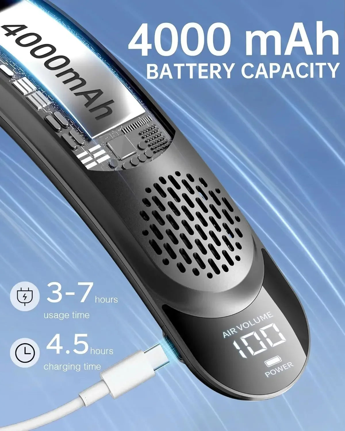 4000mAh Bladeless Portable Neck Fan 3 Gears Adjustable Super Multi-Function Digital Display Rechargable Neck Fan for Outdoor