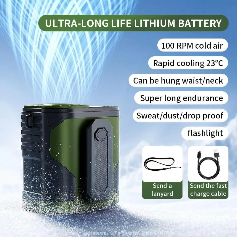new Outdoor Portable Waist Fan Hanging Neck Fan Strong Wind Cold Air LED Lighting Waterproof For Sports Courier Outdoor