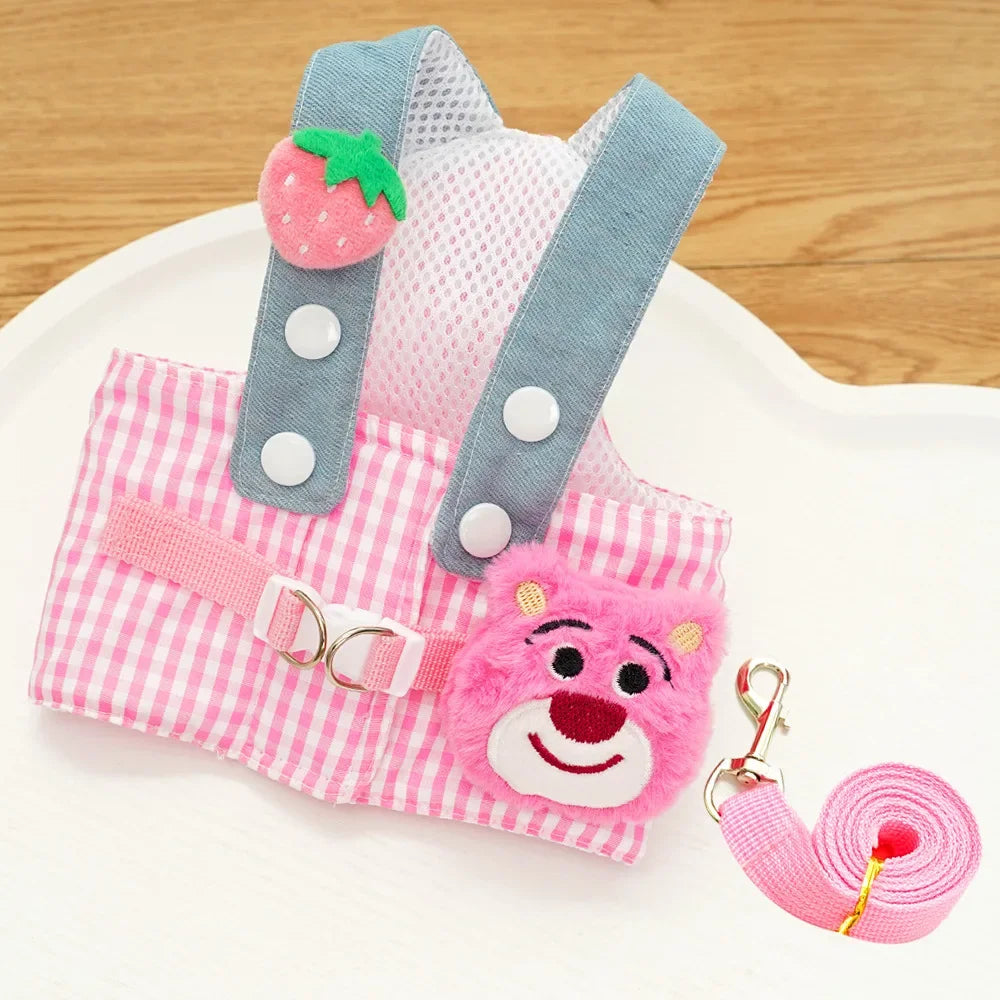 Cartoon Pet Harness Leash Sun Hat Set Cute Kitten Puppy Costume Cat Small Dogs Vest Harness Rope Cap 3pcs Outdoor Pet Supplies