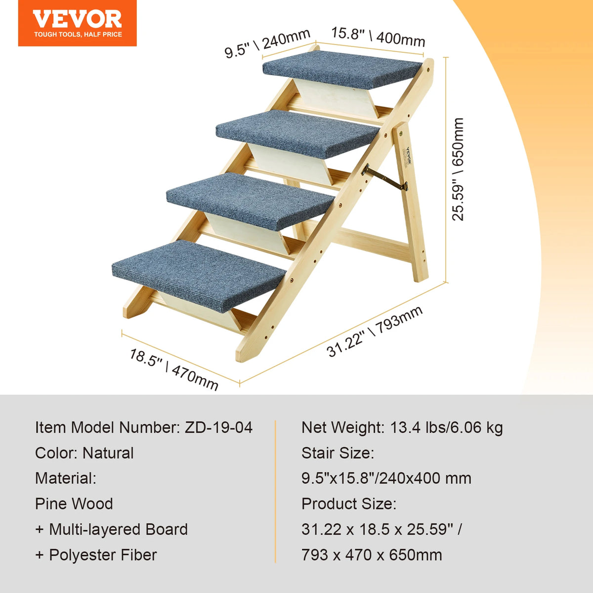 VEVOR Wooden Pet Steps and Ramp Combo 2-in-1 Design Foldable Access for Beds Steps Structure for Pets of Small to Large Size