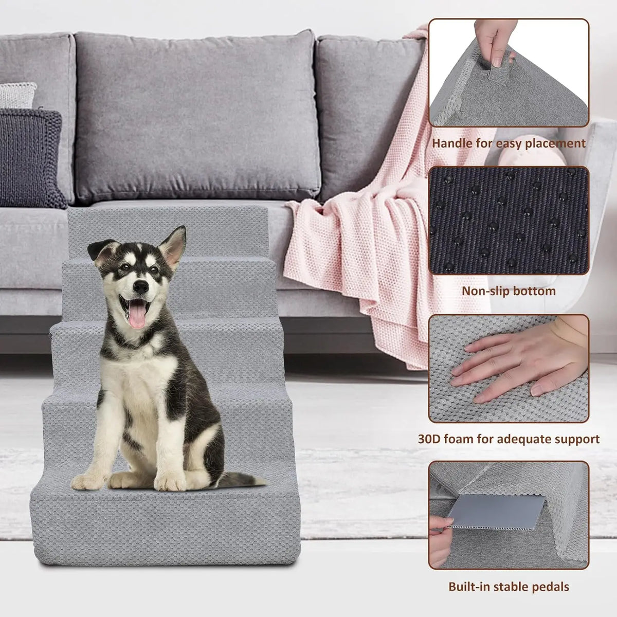 Nonslip High Density Foam Dog Ladders Indoor Home Couch Sofa High Bed Pet Stairs Folding 5-Grades Dog Steps with Removable Cover