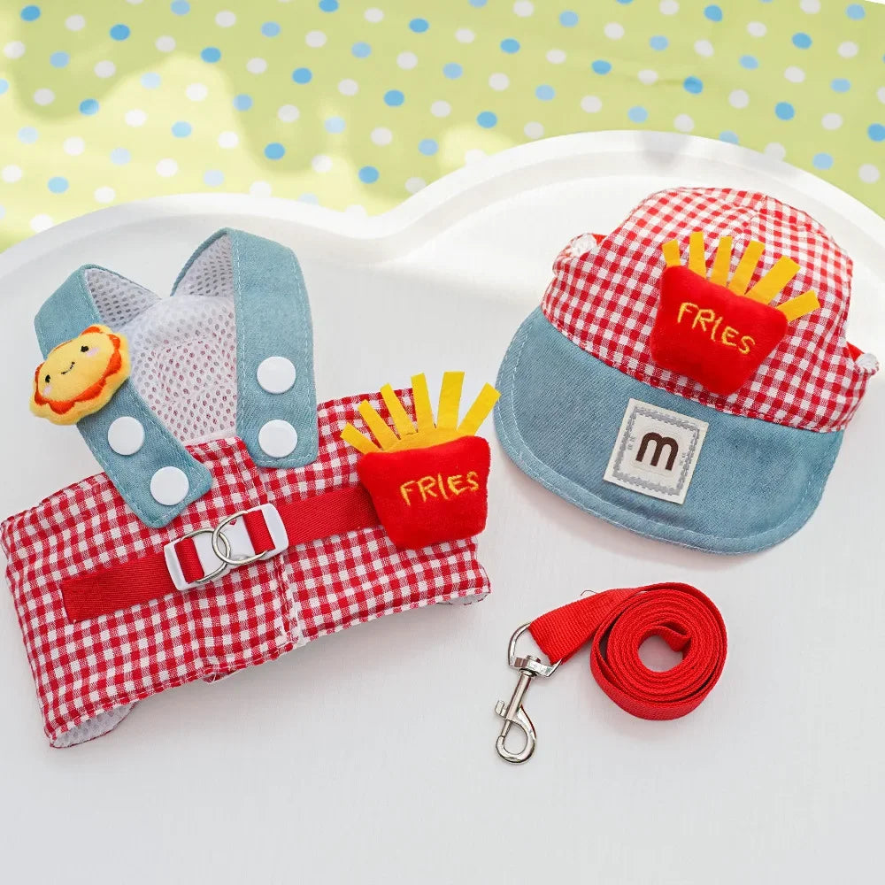 Cartoon Pet Harness Leash Sun Hat Set Cute Kitten Puppy Costume Cat Small Dogs Vest Harness Rope Cap 3pcs Outdoor Pet Supplies