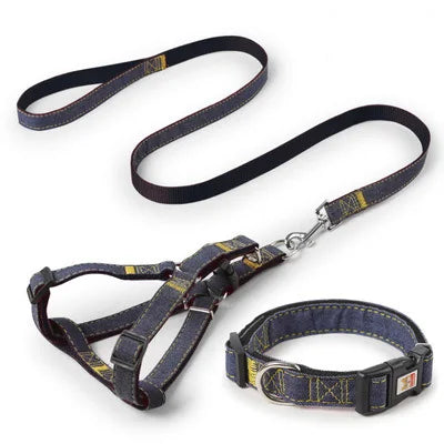 Dog Leash Harness Adjustable Collar Set Denim Pet Lead Vest for Small Medium Large Dogs Pet Cat Lead for Walking Training
