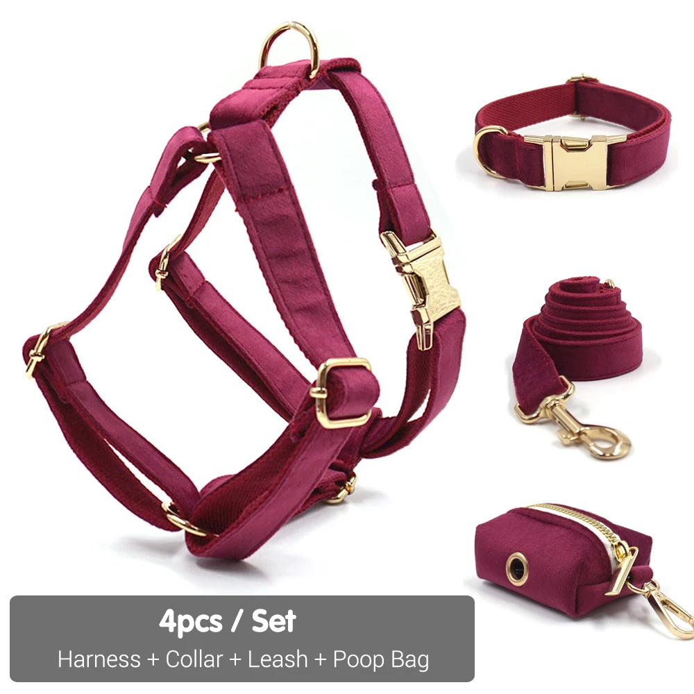 Burgundy Velvet Dog Collar Personalized Thicken Metal Buckle Pet Harness Bow Tie Collar Leash Set with Poop Bag Luxury Dog Gift