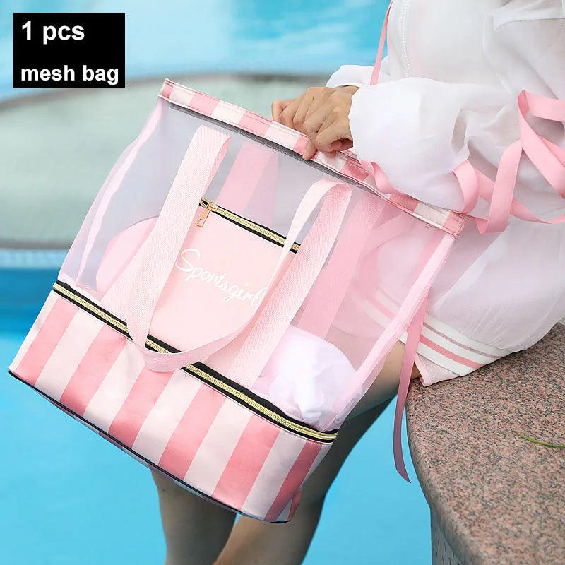 Women Swimming Bag Clear Mesh Bags Handbags Wet Dry Net Pool Beach Pouch Sac De Sport Striped Transparent Shoulder Bag XA387WA