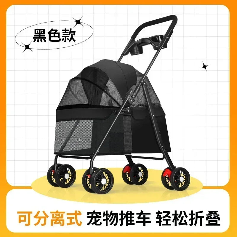 Lightweight Pet Stroller - Detachable hand carry, Breathable, with shopping basket