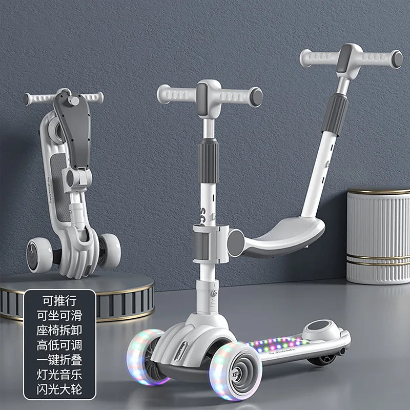 Children's Scooter Can Sit, Ride and Slide Three-in-One Foldable Scooter for Boys and Girls Kick Foot Scooter