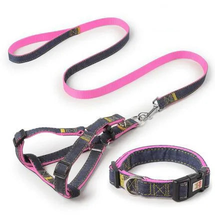 Dog Leash Harness Adjustable Collar Set Denim Pet Lead Vest for Small Medium Large Dogs Pet Cat Lead for Walking Training