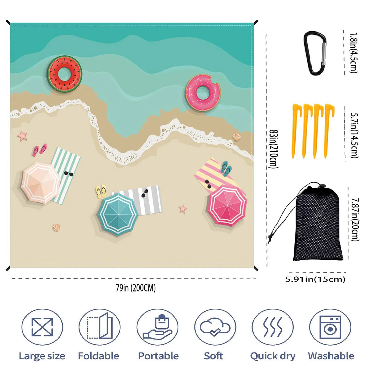 Beach Blanket Waterproof Sandproof Foldable Large Lightweight Pad Portable Soft Quick Dry Picnic Mat for Outdoor Travel Camping