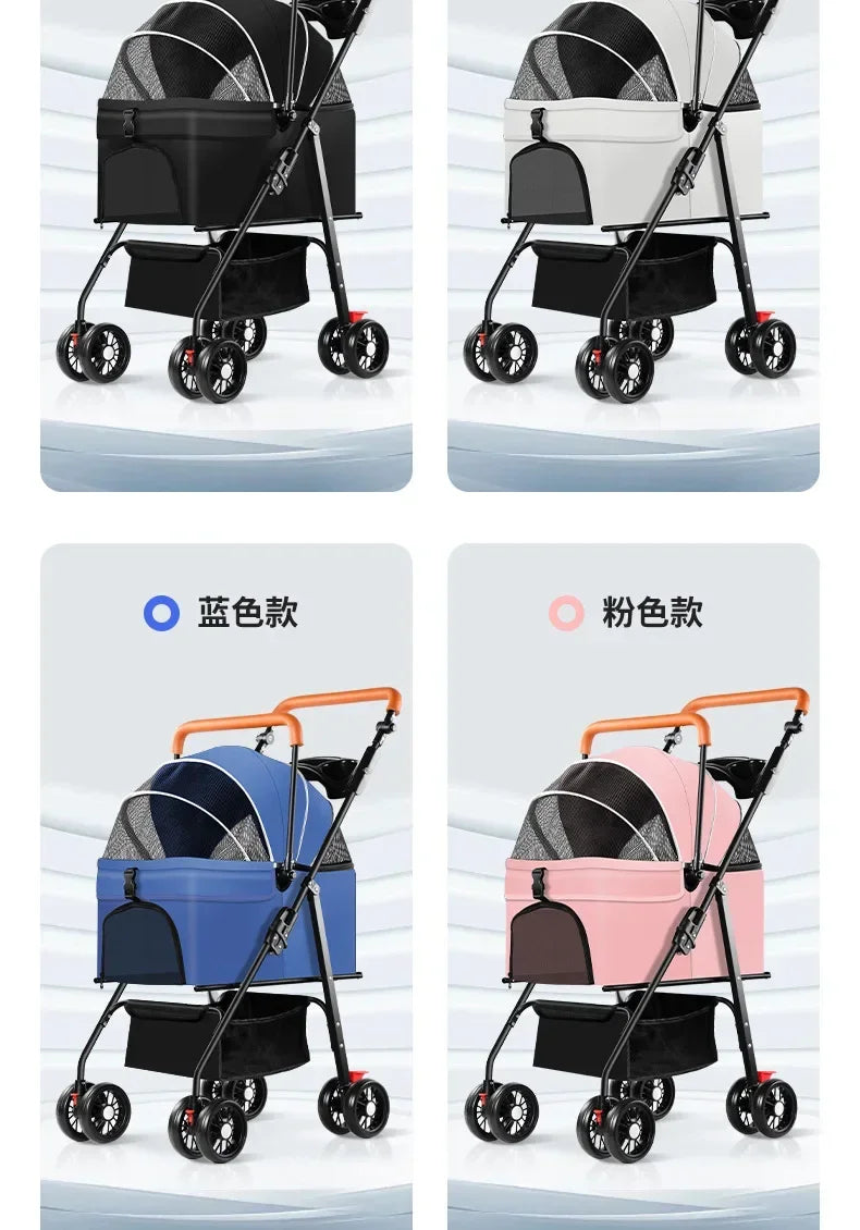 Lightweight Pet Stroller - Detachable hand carry, Breathable, with shopping basket