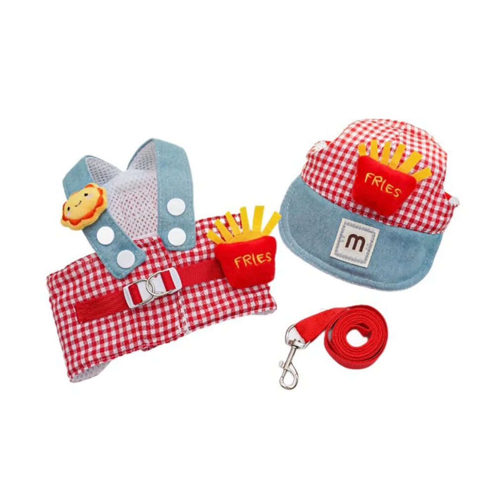 Cartoon Pet Harness Leash Sun Hat Set Cute Kitten Puppy Costume Cat Small Dogs Vest Harness Rope Cap 3pcs Outdoor Pet Supplies