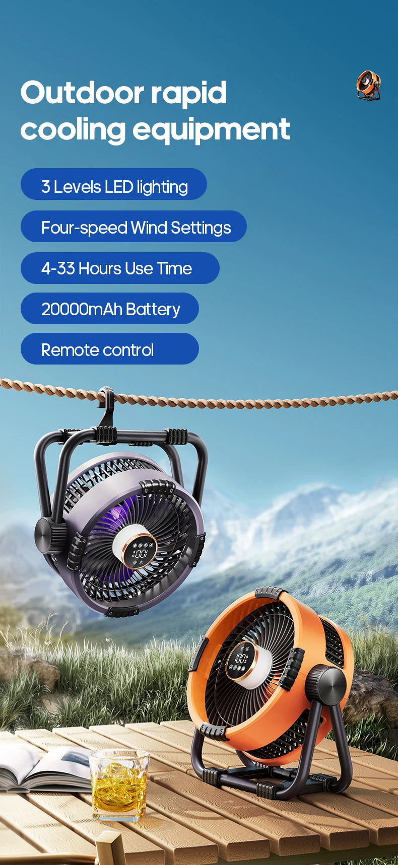 KINSCOTER 6 in 1 Camping Fan 20000mAh Rechargeable Battery Portable Outdoor Fan 4 Speed Air Circulators with Hook and LED Light
