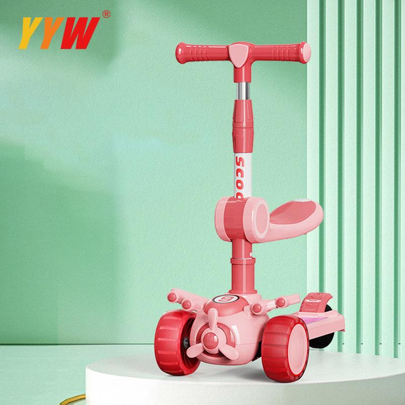 For 2-8 Years Children Cycling Kick Scooter With Seat And Pusher Flash Wheels Board Adjustable Height Kid Foot Pedal Scooters