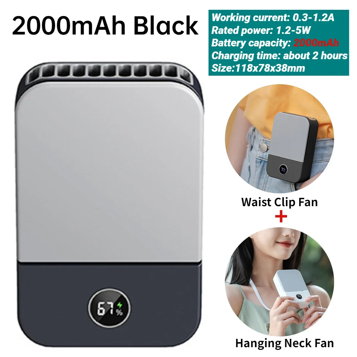 Portable USB Rechargeable 3 Speed Mute Personal  Waist Clip on  Summer Air Cooler Mini Digital Display Hanging Neck Fan