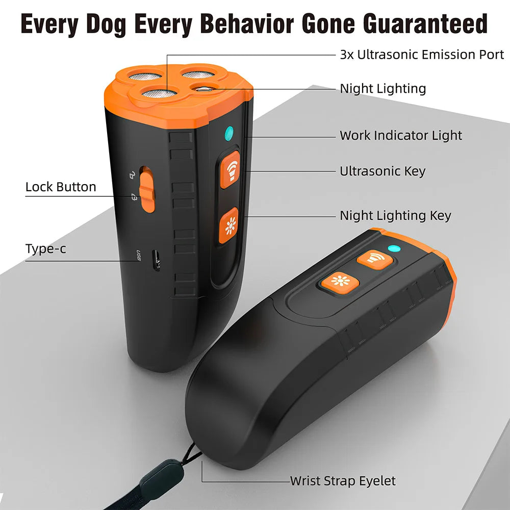 Pet Dog Repeller Rechargeable Ultrasonic Dog Training Tool Anti Bark Deterrent Device Stop-Barking Trainer with LED Flashlight
