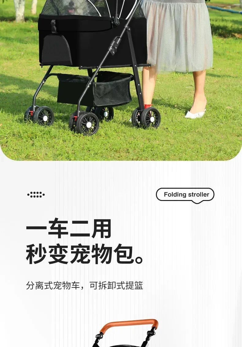 Lightweight Pet Stroller - Detachable hand carry, Breathable, with shopping basket