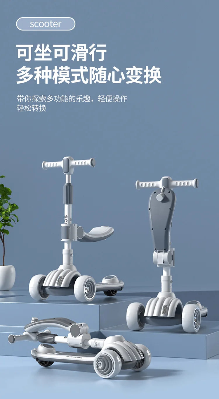 Children's Scooter Can Sit, Ride and Slide Three-in-One Foldable Scooter for Boys and Girls Kick Foot Scooter