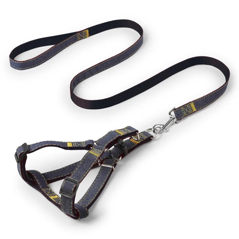 Dog Leash Harness Adjustable Collar Set Denim Pet Lead Vest for Small Medium Large Dogs Pet Cat Lead for Walking Training