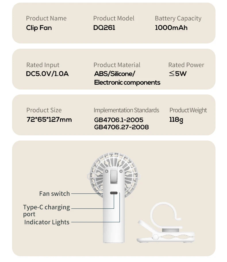 VISSKO Portable Mini Clip Fan USB Rechargeable Hand Held Fan Small Pocket Fan 3Speeds 1000mAh Multifunctional fan Ourdoor Summer