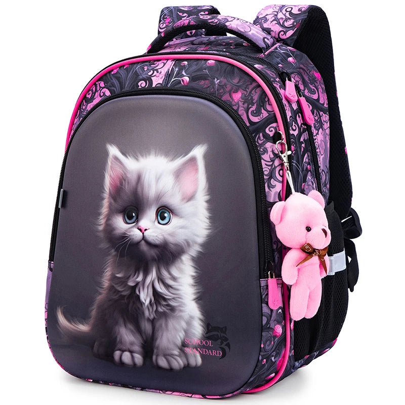 Orthopedic School Bags For Girls Cartoon Cat 3D Folded Backpacks Girl Waterproof Children School Bag Kids Mochila Escolar