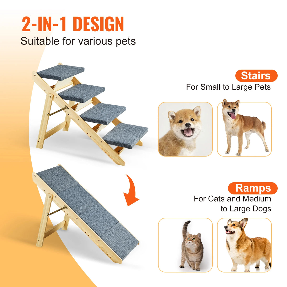 VEVOR Wooden Pet Steps and Ramp Combo 2-in-1 Design Foldable Access for Beds Steps Structure for Pets of Small to Large Size