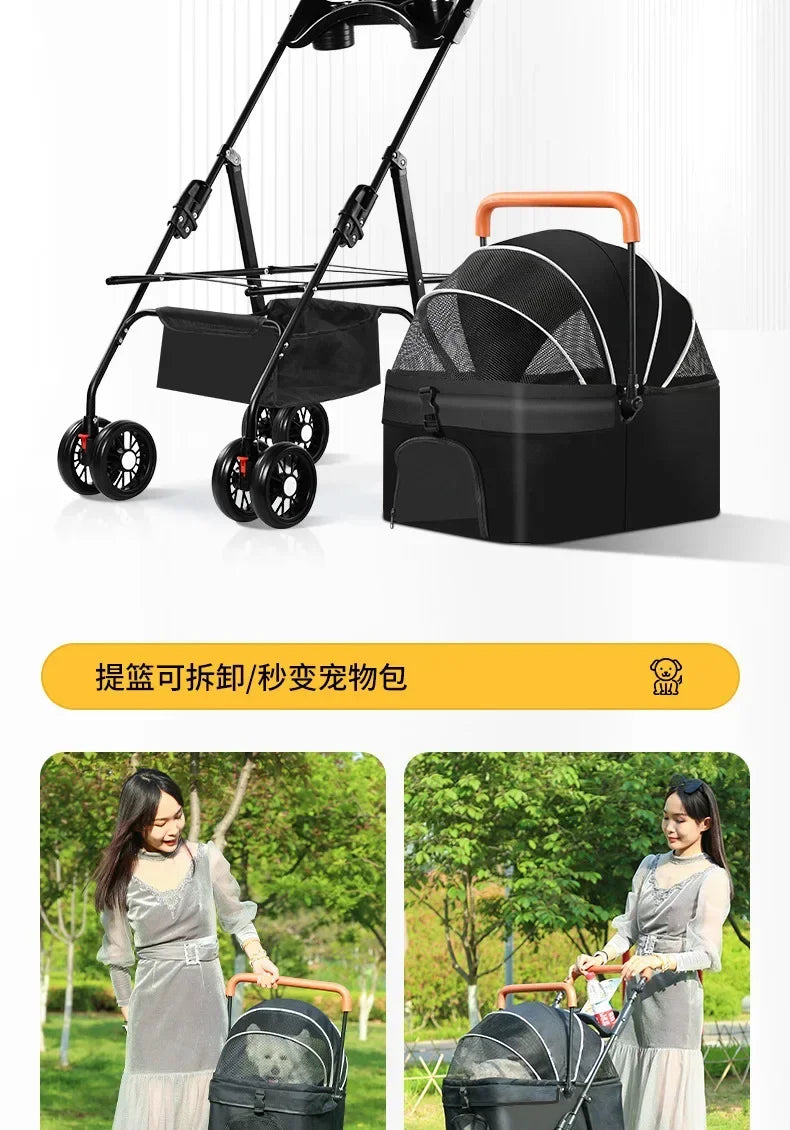 Lightweight Pet Stroller - Detachable hand carry, Breathable, with shopping basket