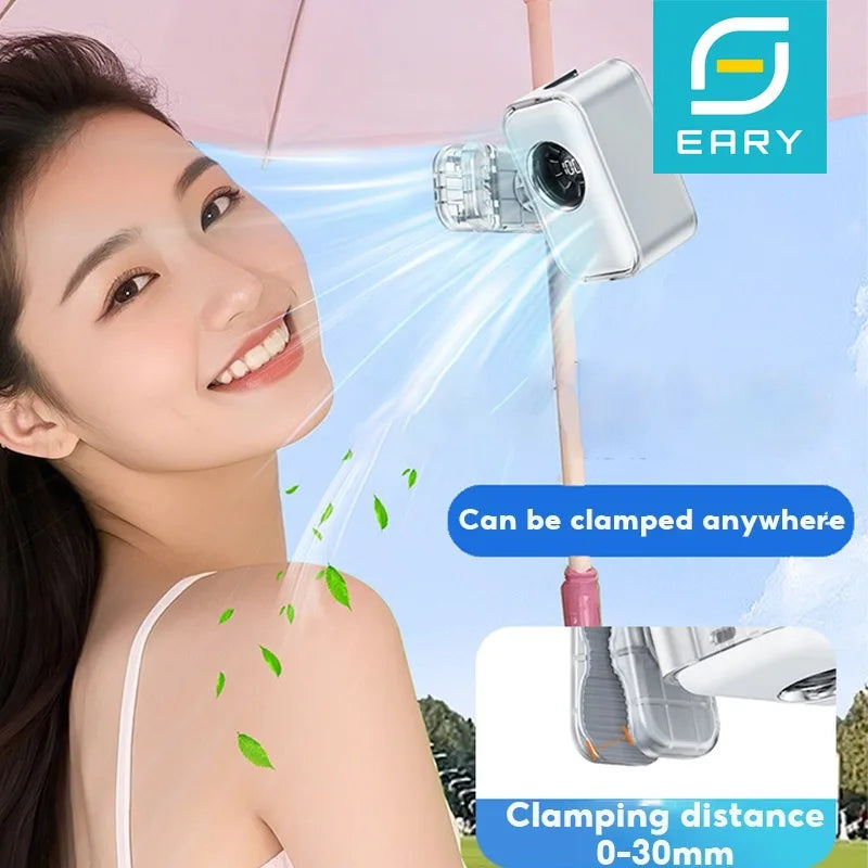 Eary Portable Handheld Mini Clip-On Fan for Umbrella 100 Speed 2000mAh Recharge Quiet Small Fan With Lanyard Fits 0-30mm Handle