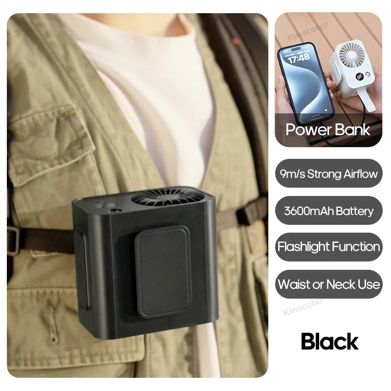 KINSCOTER Portable Outdoor Waist Fan 8000mAh LED Lighting Multifunctional Neck Fan with Power Bank for Camping Hiking Climbing