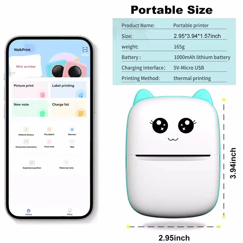 Portable Thermal Printer Mini Cat Print Photo Pocket Thermal Label Printer 58Mm Printing Wireless Bluetooth Android Ios Printers-ADS1402