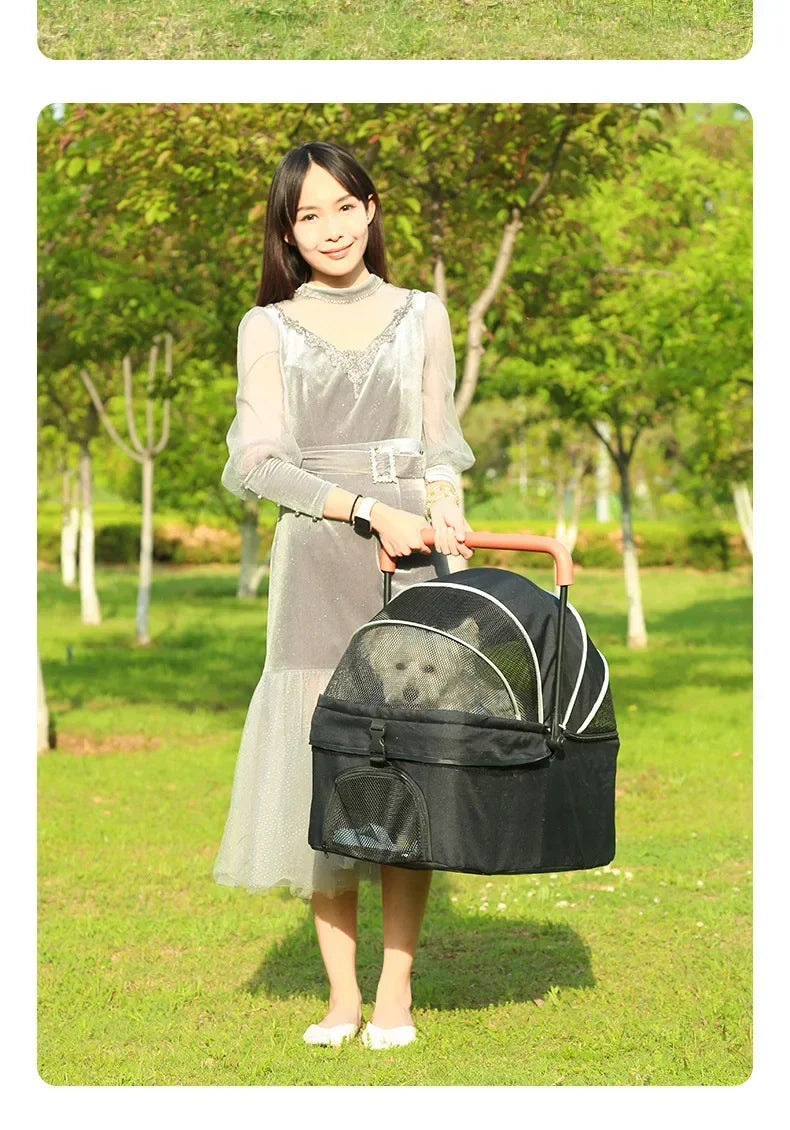 Lightweight Pet Stroller - Detachable hand carry, Breathable, with shopping basket