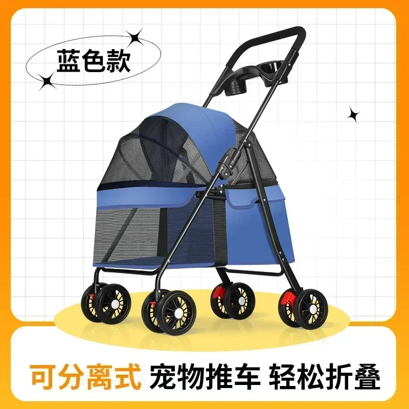 Lightweight Pet Stroller - Detachable hand carry, Breathable, with shopping basket
