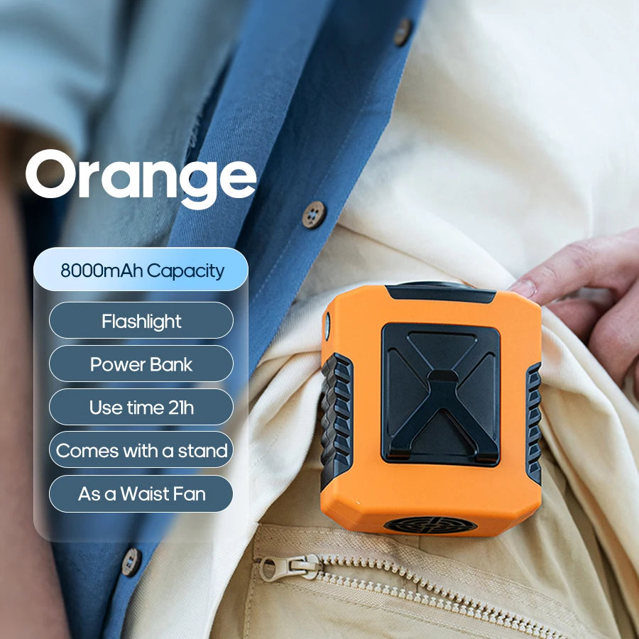KINSCOTER Portable Outdoor Waist Fan 8000mAh LED Lighting Multifunctional Neck Fan with Power Bank for Camping Hiking Climbing
