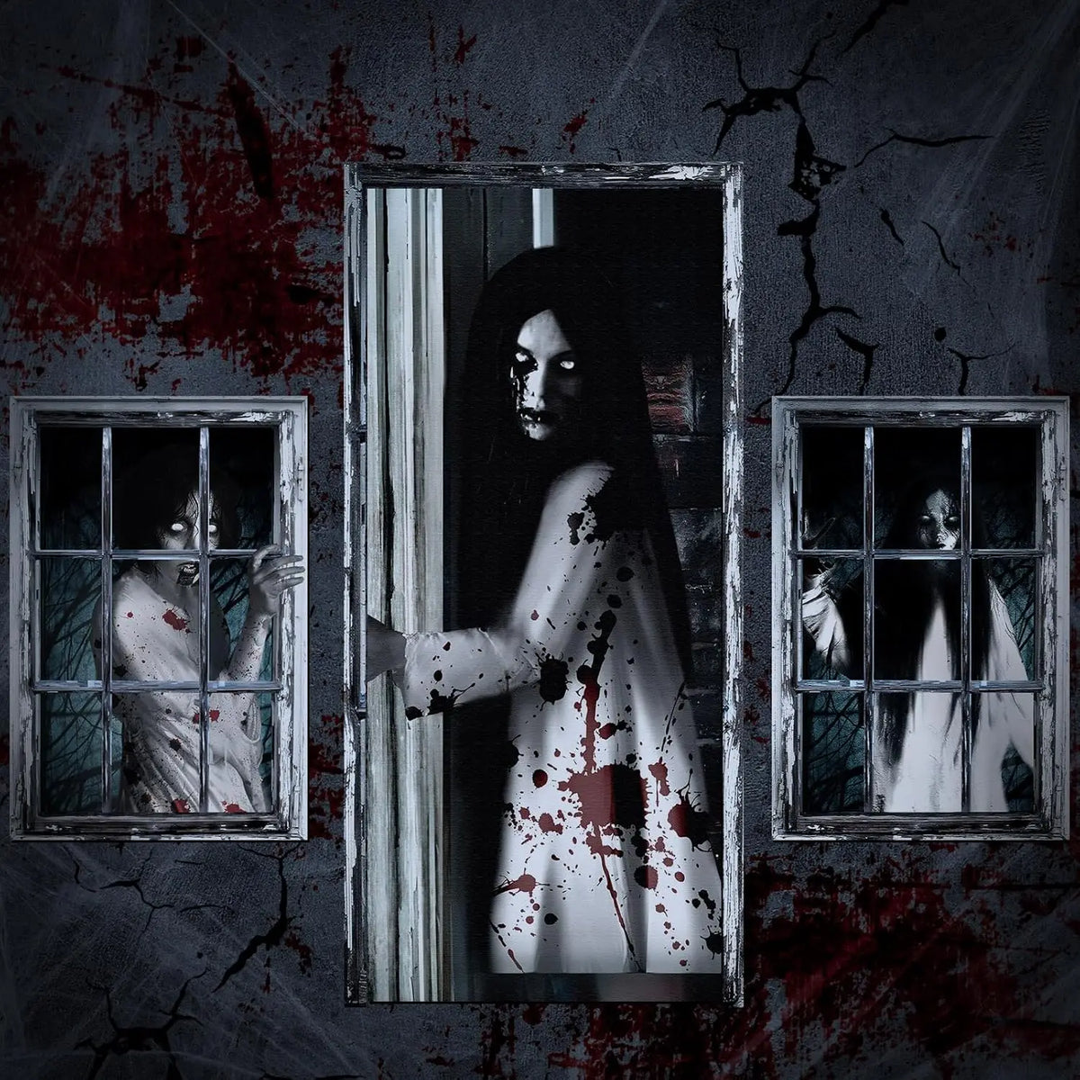 3 Pcs Halloween Window Door Female Ghost Covers Set Halloween Scary Ghost Window Curtain and Door Cover Spooky Window Silhouette