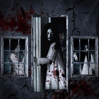 3 Pcs Halloween Window Door Female Ghost Covers Set Halloween Scary Ghost Window Curtain and Door Cover Spooky Window Silhouette