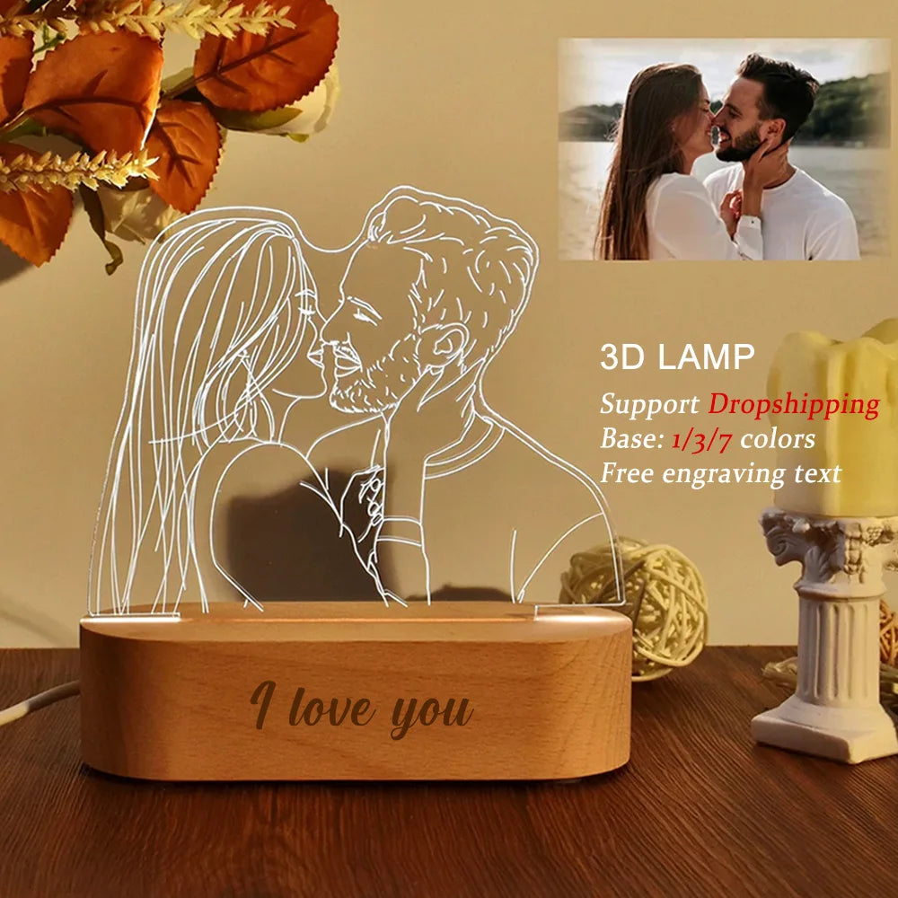 Dropshipp Personalized Gift 3D Photo Lamp Engraving Base Text Custom Valentine's Day Anniversary Birthday 3D Night Lights Lamp