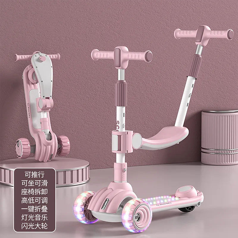 Children's Scooter Can Sit, Ride and Slide Three-in-One Foldable Scooter for Boys and Girls Kick Foot Scooter