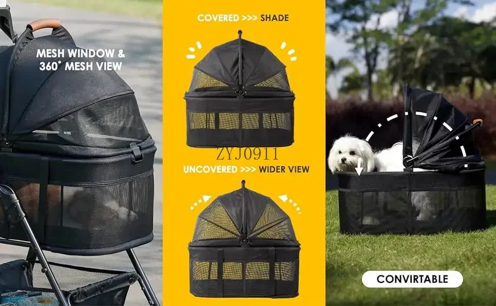 Folding 3-in-1 Dog Stroller with Removable Travel Carrier