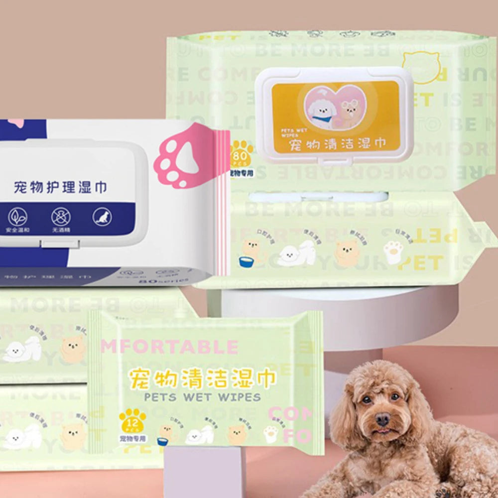 Hypoallergenic Pet Wipes for Cats & Dogs Tear Stain Remover No-Rinse Body Cleaning Deodorizing Wet Wipes 80-Ply