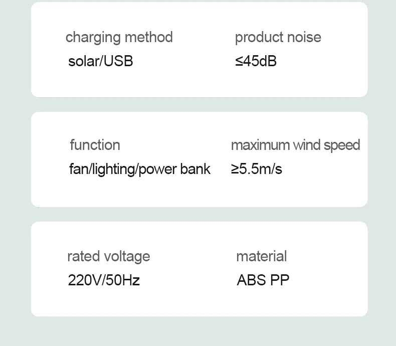 Solar Fan Portable Wireless Fold Rechargeable with Control and Lighting Power Bank Low Noise Ventilador Desktop Outdoor Camping