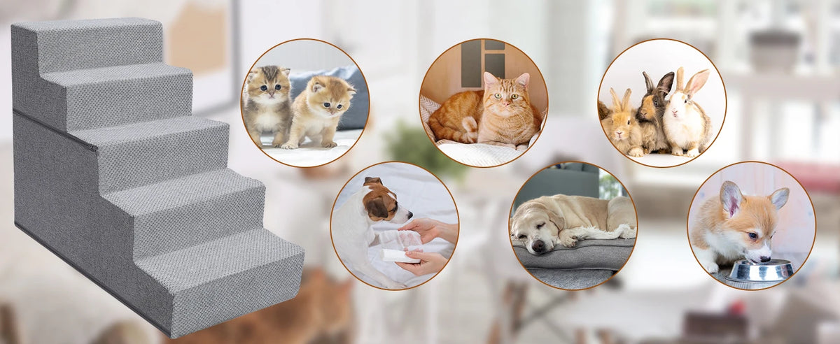 Nonslip High Density Foam Dog Ladders Indoor Home Couch Sofa High Bed Pet Stairs Folding 5-Grades Dog Steps with Removable Cover