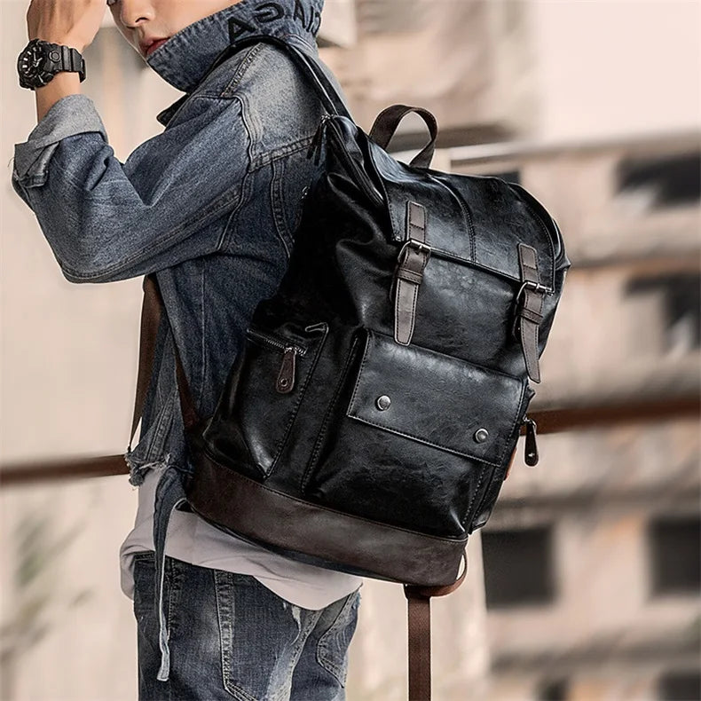Men Pu Leather Backpack Men's Large Antitheft Travel Backpack Laptop Bag Black Bagpack Boy Big School Male Business Shoulder Bag