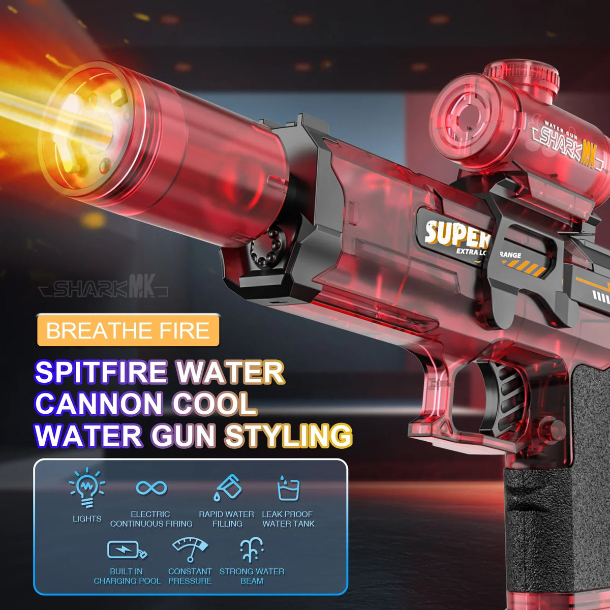 Electric Water Gun Outdoor Toys LED Light Sound Effects Flame Spray High Pressure High Speed Squirt Gun for Kids Adults Summer