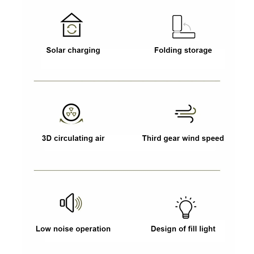 Solar Fan Portable Wireless Fold Rechargeable with Control and Lighting Power Bank Low Noise Ventilador Desktop Outdoor Camping