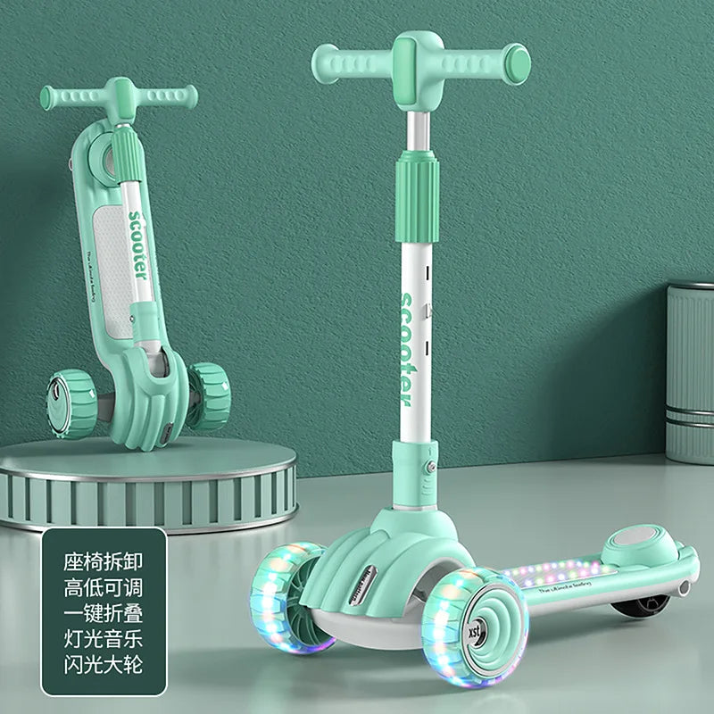 Children's Scooter Can Sit, Ride and Slide Three-in-One Foldable Scooter for Boys and Girls Kick Foot Scooter