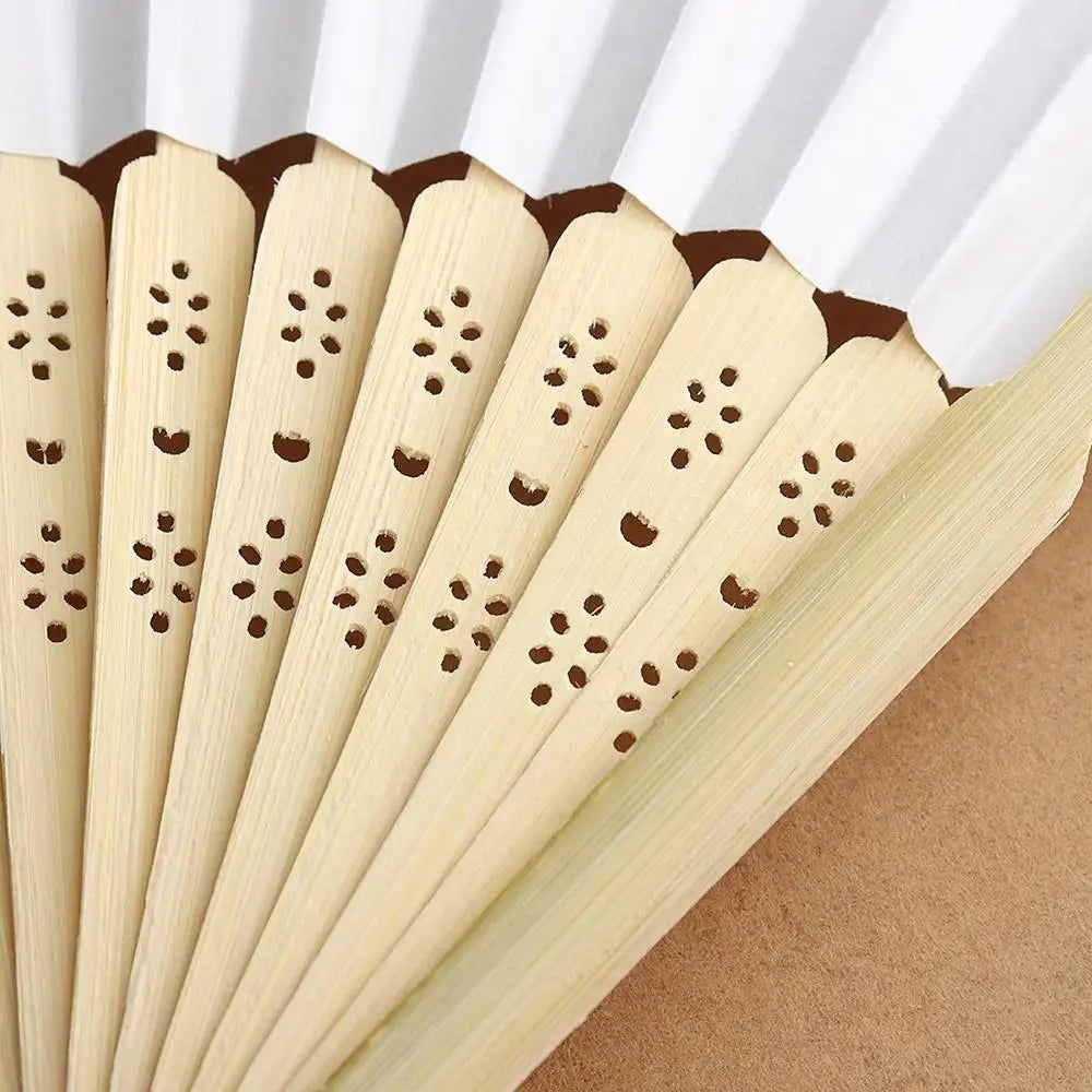 Hand Held Paper Fans White Silk Bamboo Folding Fans Handheld Folded Fan for Wedding Party DIY Decoration